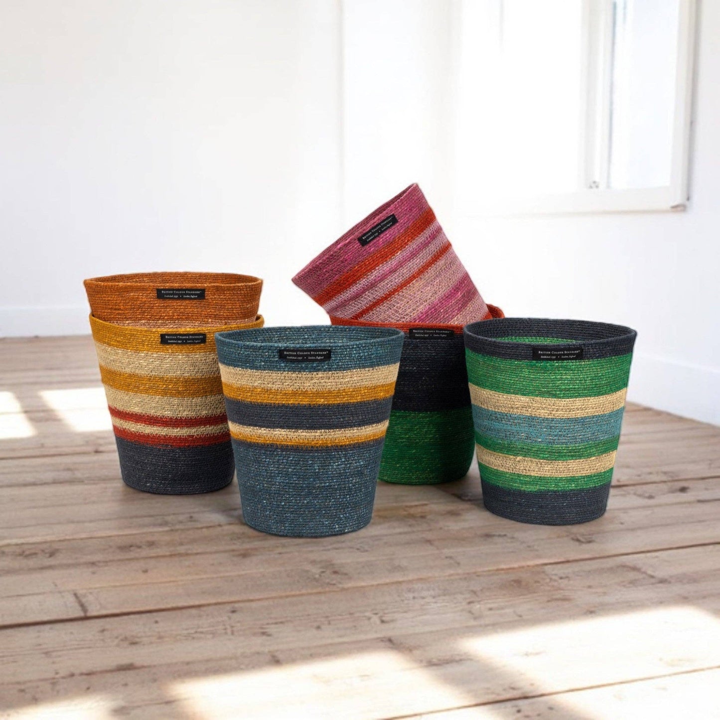 British Colour Standard Seagrass Waste Paper Basket in Beryl & Midnight Blue