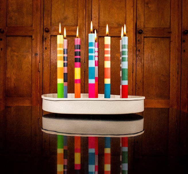 British Colour Standard Mixed Set Reds, Oranges & Blues Striped Eco Dinner Candles, 4 per pack: 6