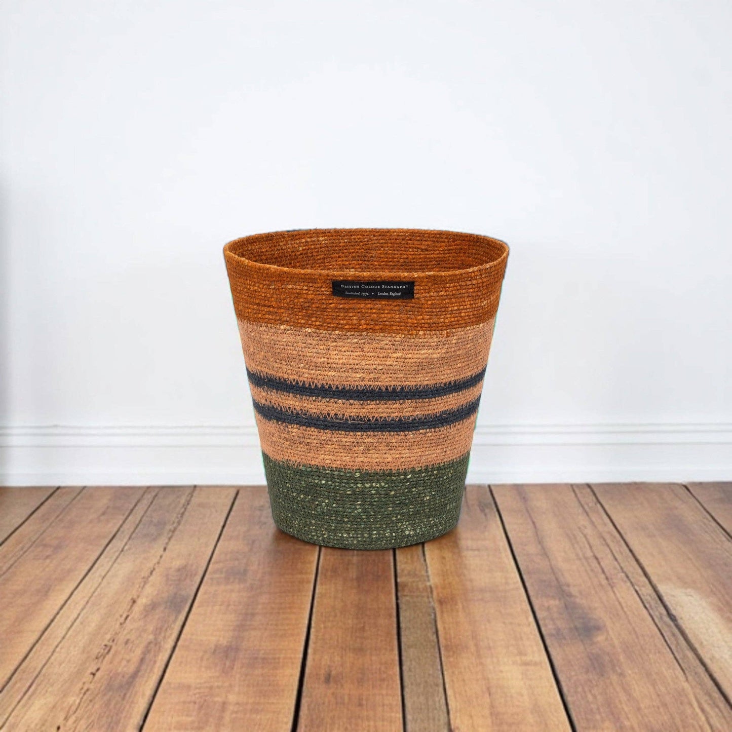 British Colour Standard Seagrass Waste Paper Basket in Olive & Old Rose
